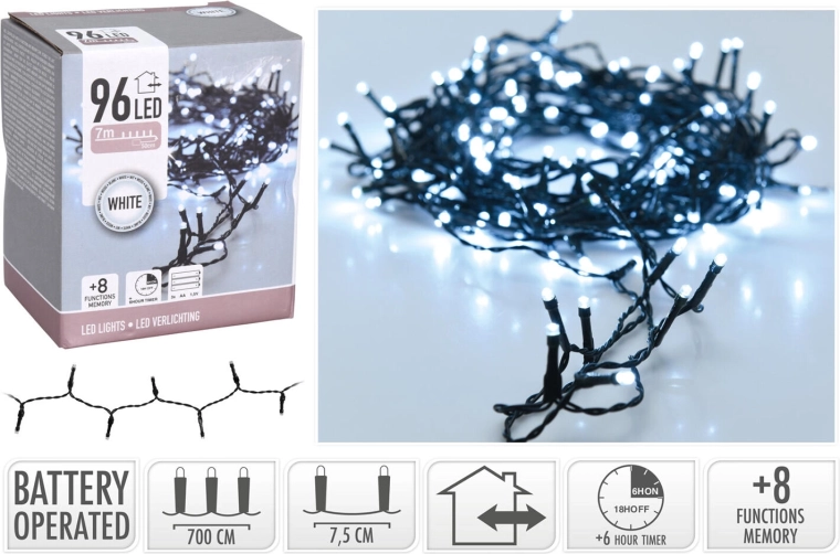 Kalėdinis LED apšvietimas 7 m, 96 LED, šaltai balta, 8 funkcijos, su laikmačiu