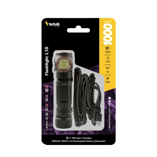 Technik žibintuvėlis L10 su USB‑C, 1000 lm, magnetinis, galvos dirželis