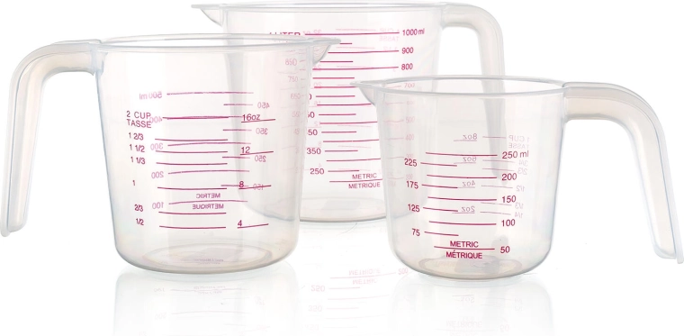 Matavimo indų rinkinys ACCASA, 3 dalys (0,25 l + 0,5 l + 1 l) – skaidrus plastikas su snapeliu