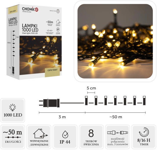 LED kalėdinė šviesos girlianda 1000 LED šilta balta 53 m (50 m + 3 m) vidaus/lauko – 1 vnt.