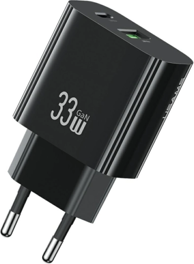 USAMS T65 33W GaN fast wall charger with USB-C and USB-A (black)