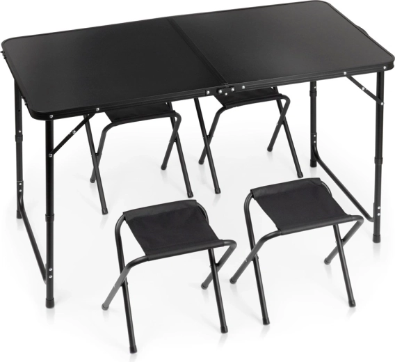 Vilde folding camping table with 4 stools, black, 120 × 60 cm
