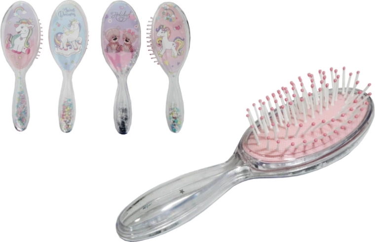 Plastic hairbrush with unicorn and holographic stars