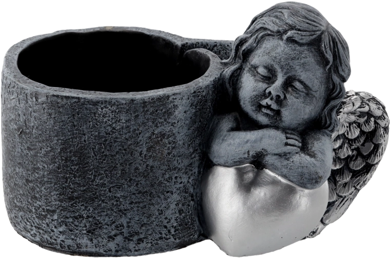 Cementinis kapų vazonas su angeliuku, tamsiai pilkai sidabrinis, 24,5 × 14 × 15 cm