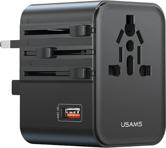 USAMS Travel Adapter and Charger 25 W 4-in-1 (US/AU/EU/UK) Black