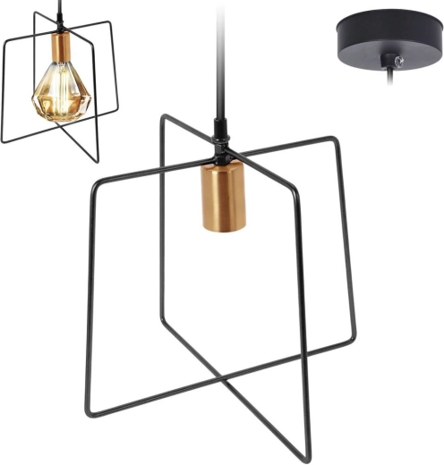 Hanging metal light black with gold socket, geometric frame