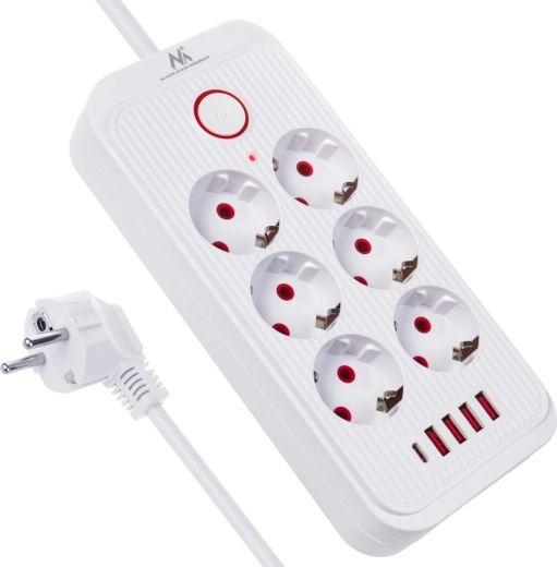 Surge-protected power strip, 6 outlets with 4× USB-A and 1× USB-C, 2500 W, white