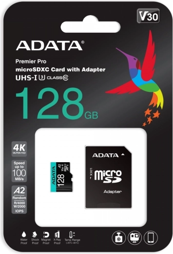 MicroSD Memory Card 128 GB UHS‑I U3 V30 A2 + Adapter