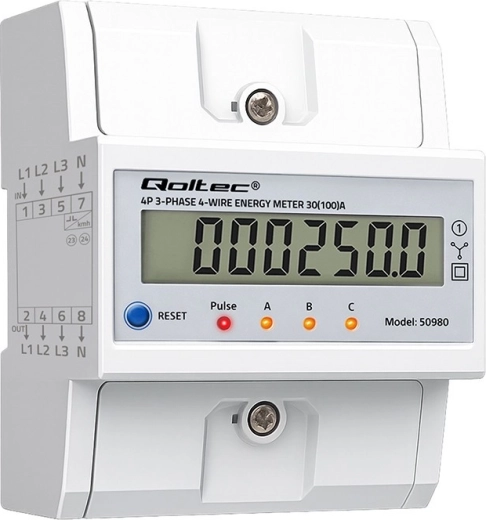 Trifazis DIN bėgio elektros skaitiklis su LCD ir atstatymu (reset), 400 V, 100 A, 4 laidų