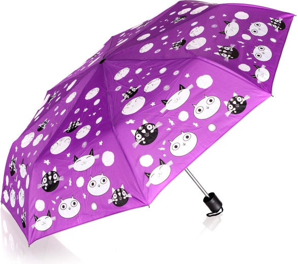 Sulankstomas 52 cm skėčis violetinis su kačiukais, keičiantis spalvą