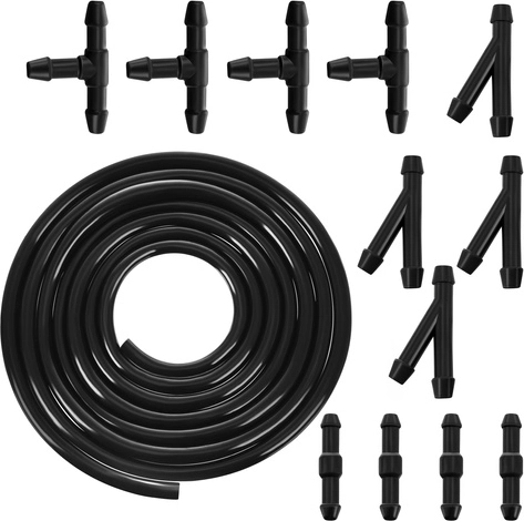 XTROBB valytuvų purkštukų remonto rinkinys – 2 m PVC žarnelė, 4/5 mm skersmuo, T ir Y jungtys, juoda