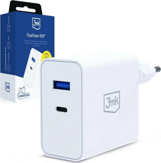 Tinklo įkroviklis 3MK FlowPower 45 W PD 3.0 QC4+ USB-A/USB-C baltas