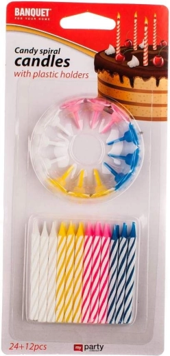 Gimtadienio žvakutės MY PARTY, spalvų miksas, 6 × 0,5 cm, 24 vnt. + 12 smeigtukų