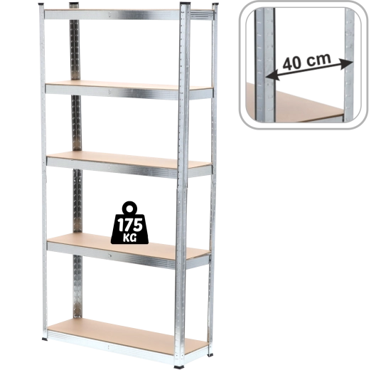 Penkių aukštų metalinis stelažas 220 × 90 × 40 cm, lentynos apkrova 175 kg