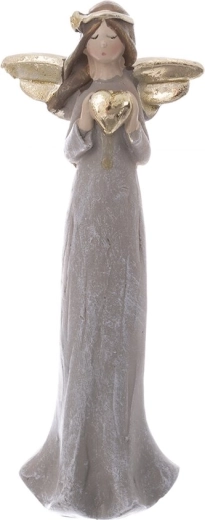 Angelo figurėlė su širdimi iš polirezino, pilka/auksinė, 15 cm