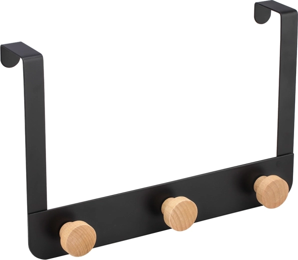 Triple over-the-door hook rack made of metal and bamboo 30 × 2.5 × 20 cm