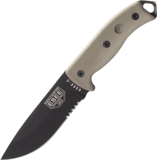 ESEE 5 dantyta geležtė, juoda geležtė, micarta rankena, Kydex dėklas