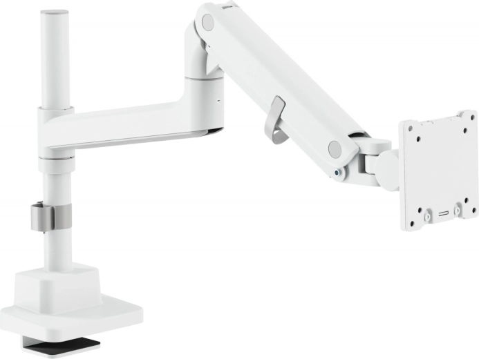 White gas-spring monitor arm with desk clamp, 57" / 27 kg, VESA 75x75 and 100x100
