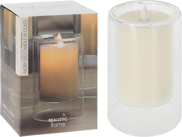 LED žvakė stikle Ivory 10 × 15 cm su mirguliuojančia liepsna