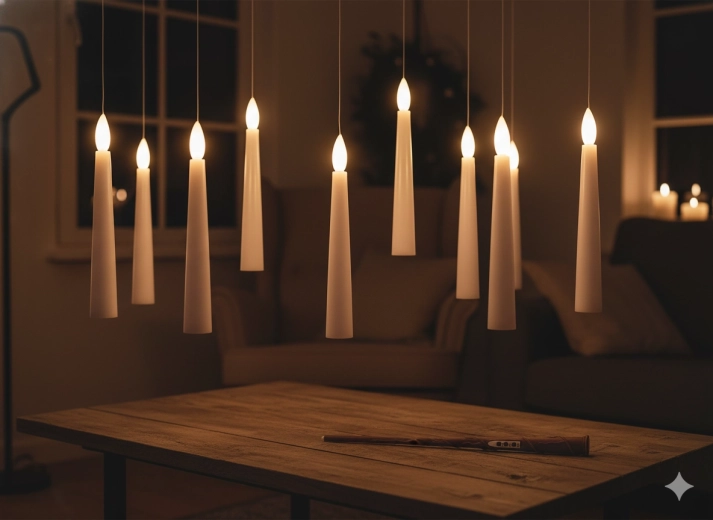 10 kabančių LED žvakių rinkinys su stebuklinga lazdele 1,5 × 15,5 cm