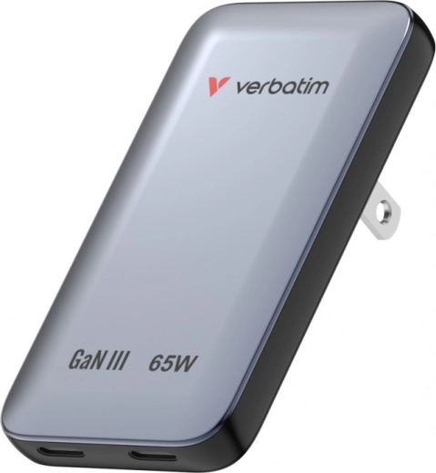 Verbatim Essentials Slim GaN įkroviklis 65 W su 2× USB-C (US/UK/EU) pilkas