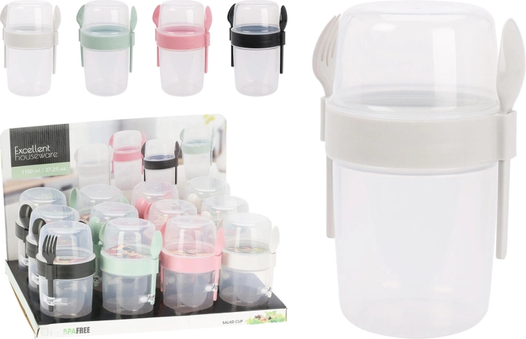 Round 1.1 L snack container with cutlery, assorted colors