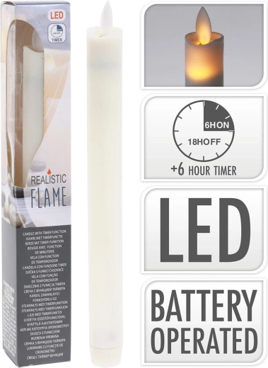 LED žvakė 23 cm su mirgančia liepsna ir laikmačiu, dramblio kaulo spalvos