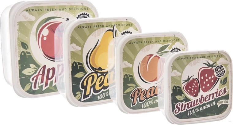 Set of 4 plastic food containers with retro fruit lids