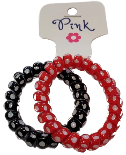 PINK spiral hair ties – red and black with polka dots, 2 pcs