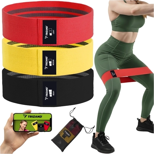 TRIZAND tekstilinių pasipriešinimo gumų rinkinys 3 vnt. 8–31 kg su treniruočių planu QR