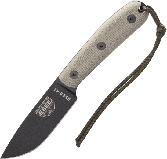 ESEE 4HM išgyvenimo peilis su 11 cm geležte, juoda danga, alyvuogių Micarta, odinis dėklas