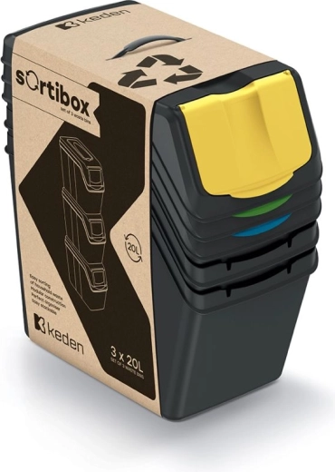 Rūšiavimo šiukšliadėžių rinkinys SORTIBOX 3×20 l – juodas, Prosperplast