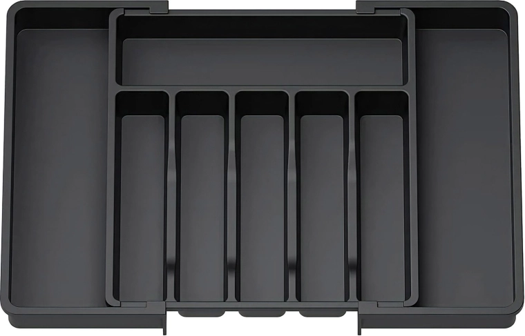 Adjustable cutlery organizer for a kitchen drawer 33–57 cm