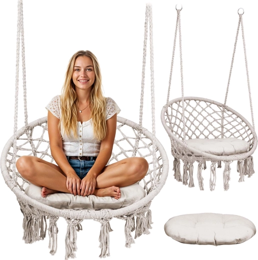 Boho stiliaus smėlio spalvos pakabinamas krėslas su pagalve