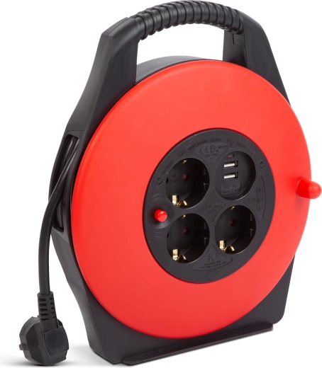 Kabelio ritė su plastikiniu laikikliu, 3 lizdais ir 2 USB prievadais, 10 m
