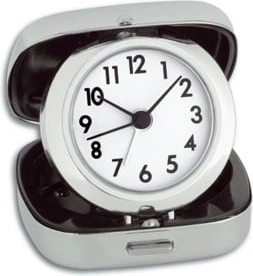 TFA analog travel alarm clock in a metal case