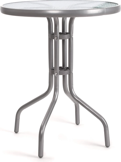 Sulankstomas sodo staliukas su stikliniu stalviršiu, 60 cm skersmens, sidabrinis