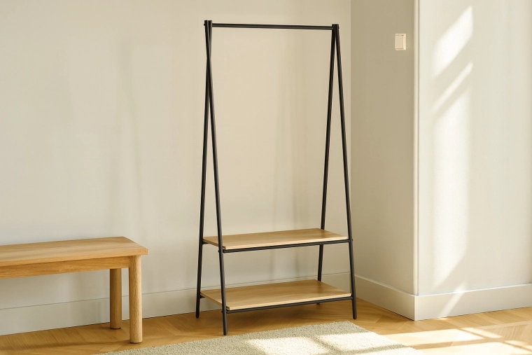 Laisvai pastatomas drabužių stovas su 2 lentynomis 80 × 40 × 160 cm, metalas ir mediena, lofto dizainas
