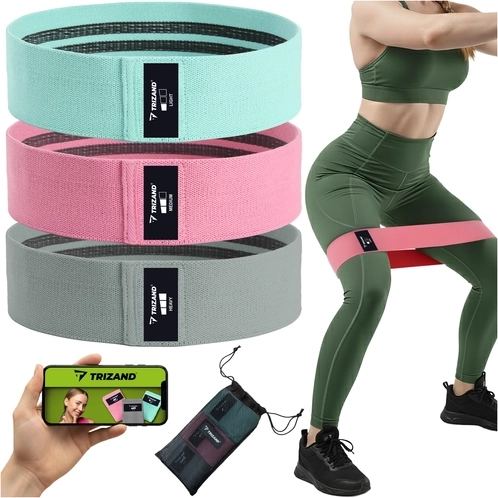 TRIZAND pasipriešinimo juostų rinkinys 3 vnt., tekstilinės 8–31 kg su treniruočių planu per QR