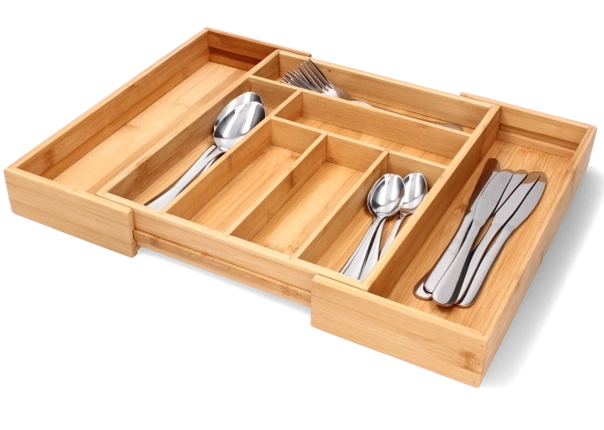 Expandable bamboo cutlery organizer for drawers