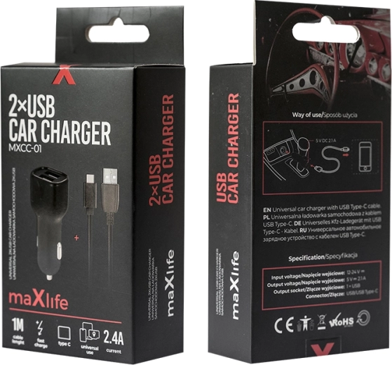 Automobilinis įkroviklis MAXLIFE 2× USB + USB‑C 2,4 A, juodas