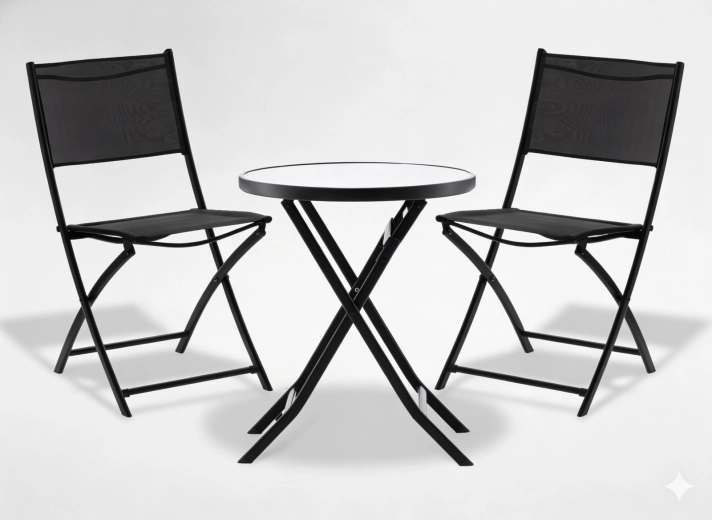 Balcony bistro set – round folding table and 2 folding chairs, black metal and glass