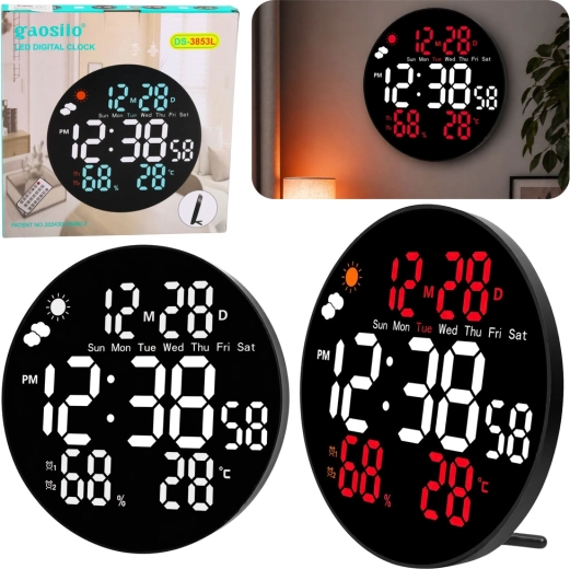 Gaosio skaitmeninis LED sieninis laikrodis 25 cm su temperatūra, drėgme ir nuotoliniu valdymu