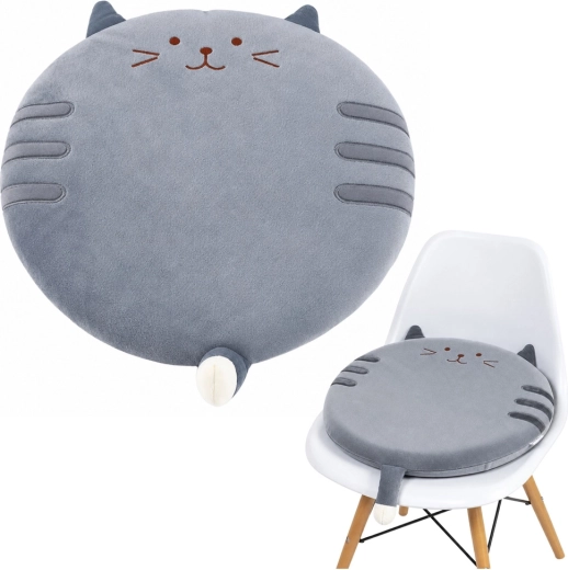 Apvalus pliušinis kėdės pasėdimas pagalvėlė katės formos, pilkas 40 cm