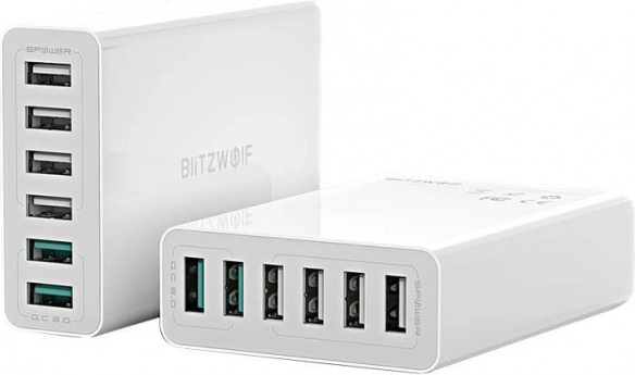 USB įkroviklis BlitzWolf su 6 prievadais QC 3.0, 60 W, baltas