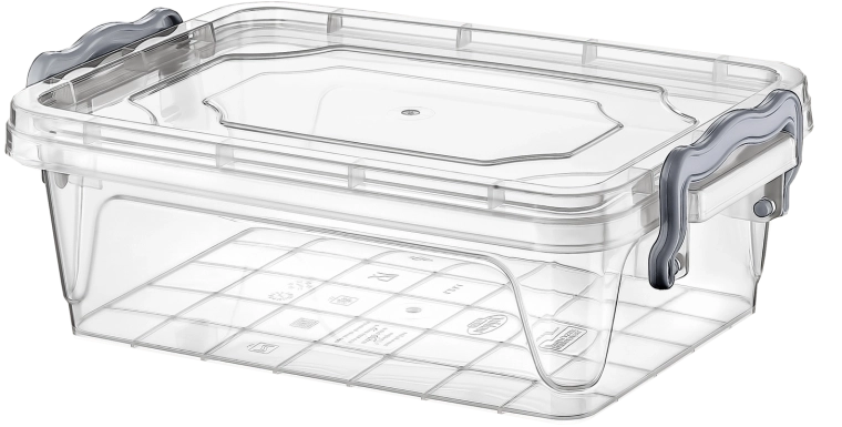 Plastic storage box 10 l with lid and clips transparent
