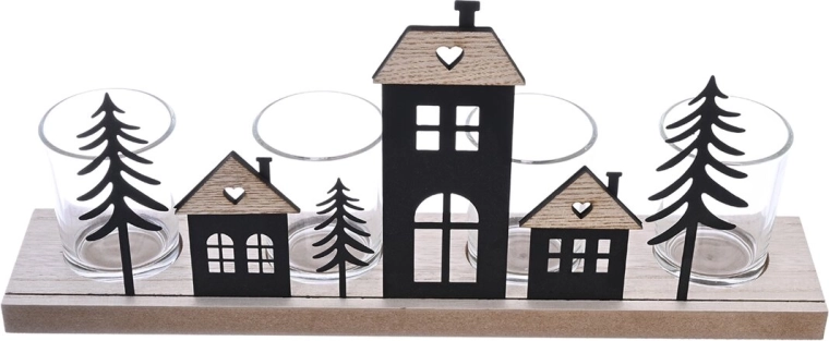 Adventinė žvakidė nameliai iš medžio ir metalo 37 × 7 × 16 cm