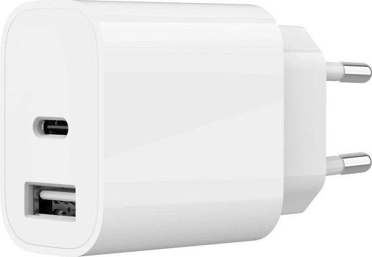 Universalus tinklo USB įkroviklis su 2 prievadais (USB‑A + USB‑C) 2,4 A, baltas