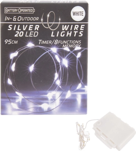 LED šviesų girlianda ant vielutės su laikmačiu, 20 LED, balta