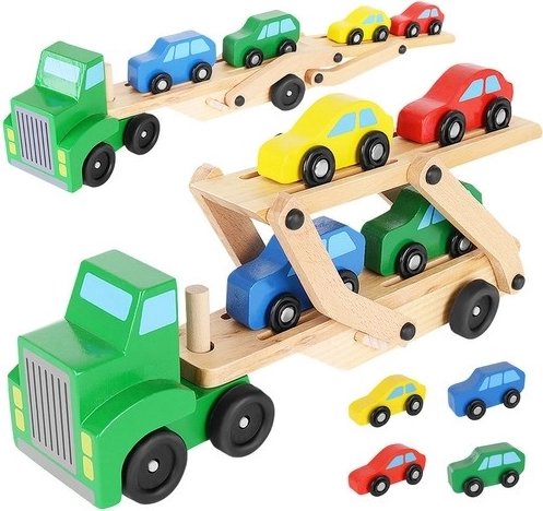 Kruzzel wooden truck with tow platform and 4 toy cars